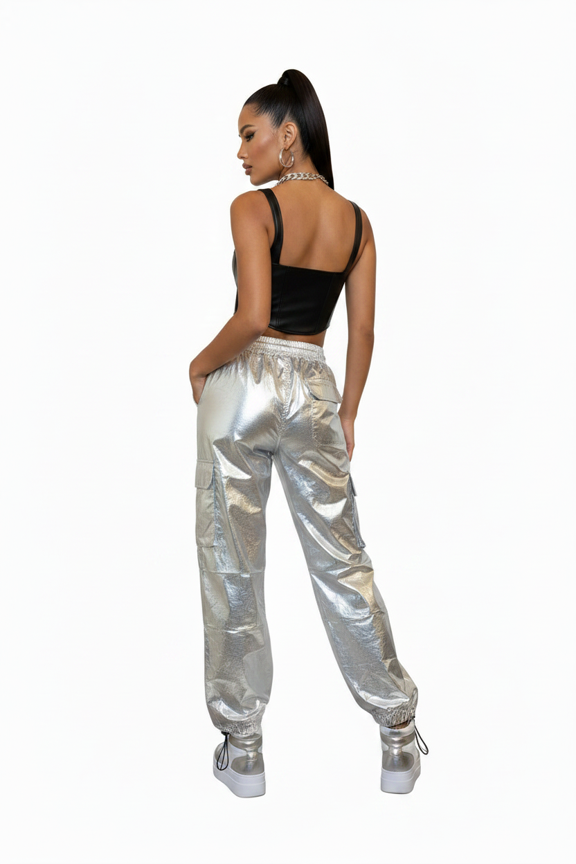 Back View - Same Metallic Silver Cargo Pants