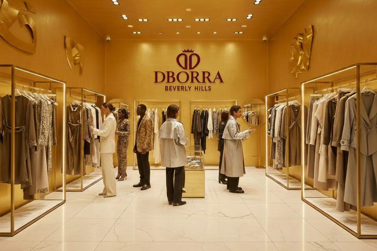 Dborra Burgundy Logo on Gold Wall
