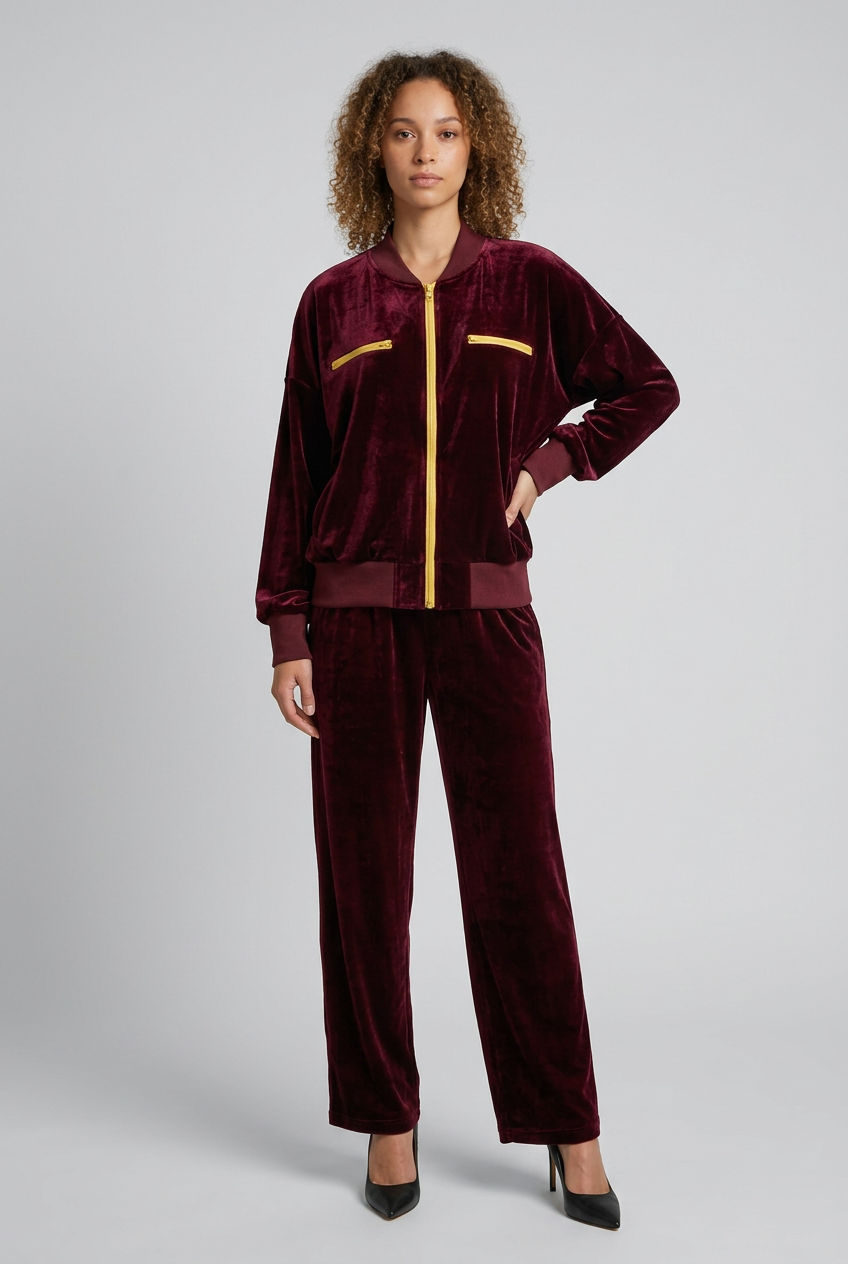 Front view of the slim model in the burgundy velour suit