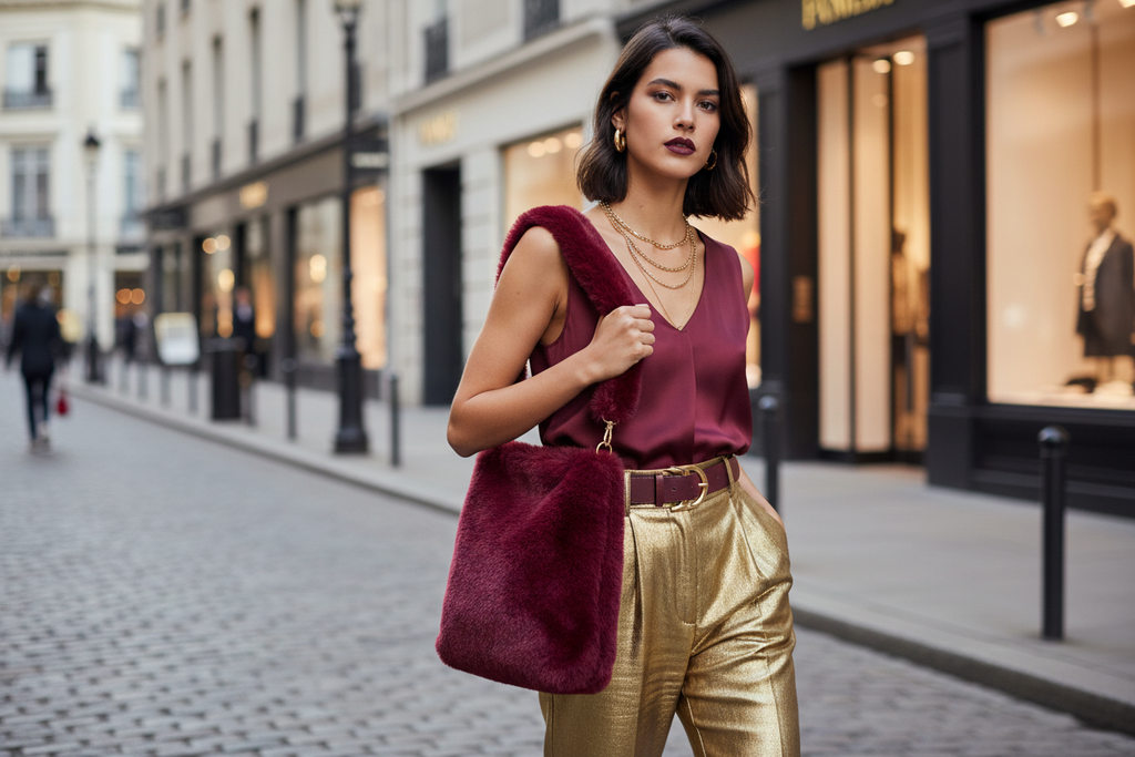 Wine Fur Handbag – model walking lifestyle