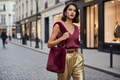 Wine Fur Handbag – model walking lifestyle