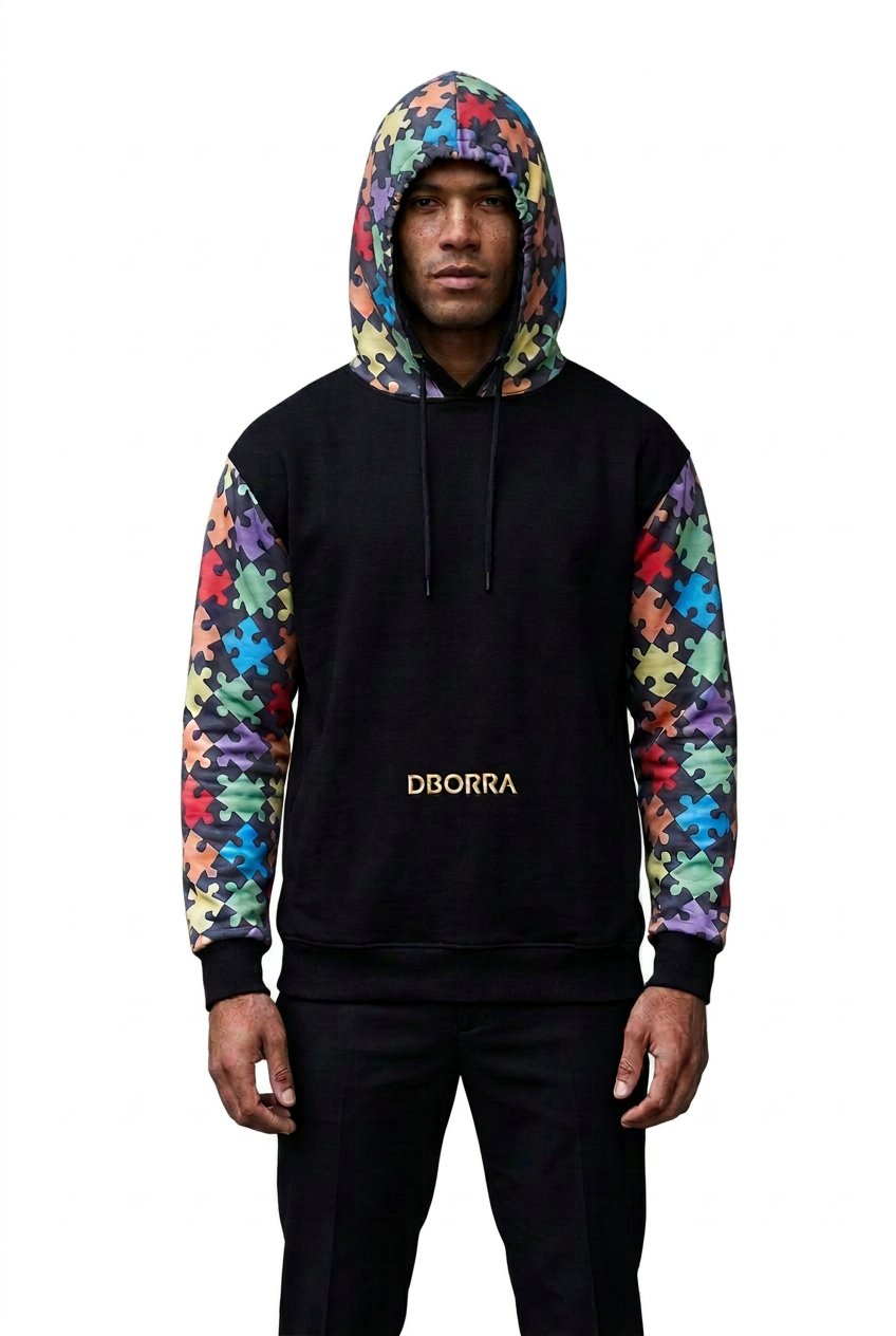 Male model in the black Dborra hoodie on pure white